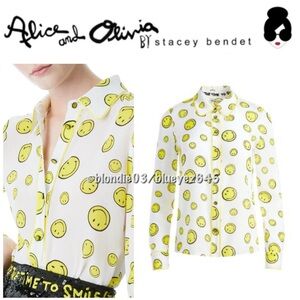 Alice + Olivia x Smiley Willa Face Print Silk Blouse XS